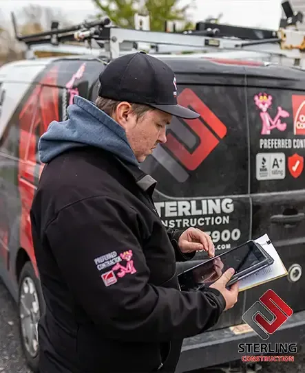 Sterling team member with a tablet beside a company van
