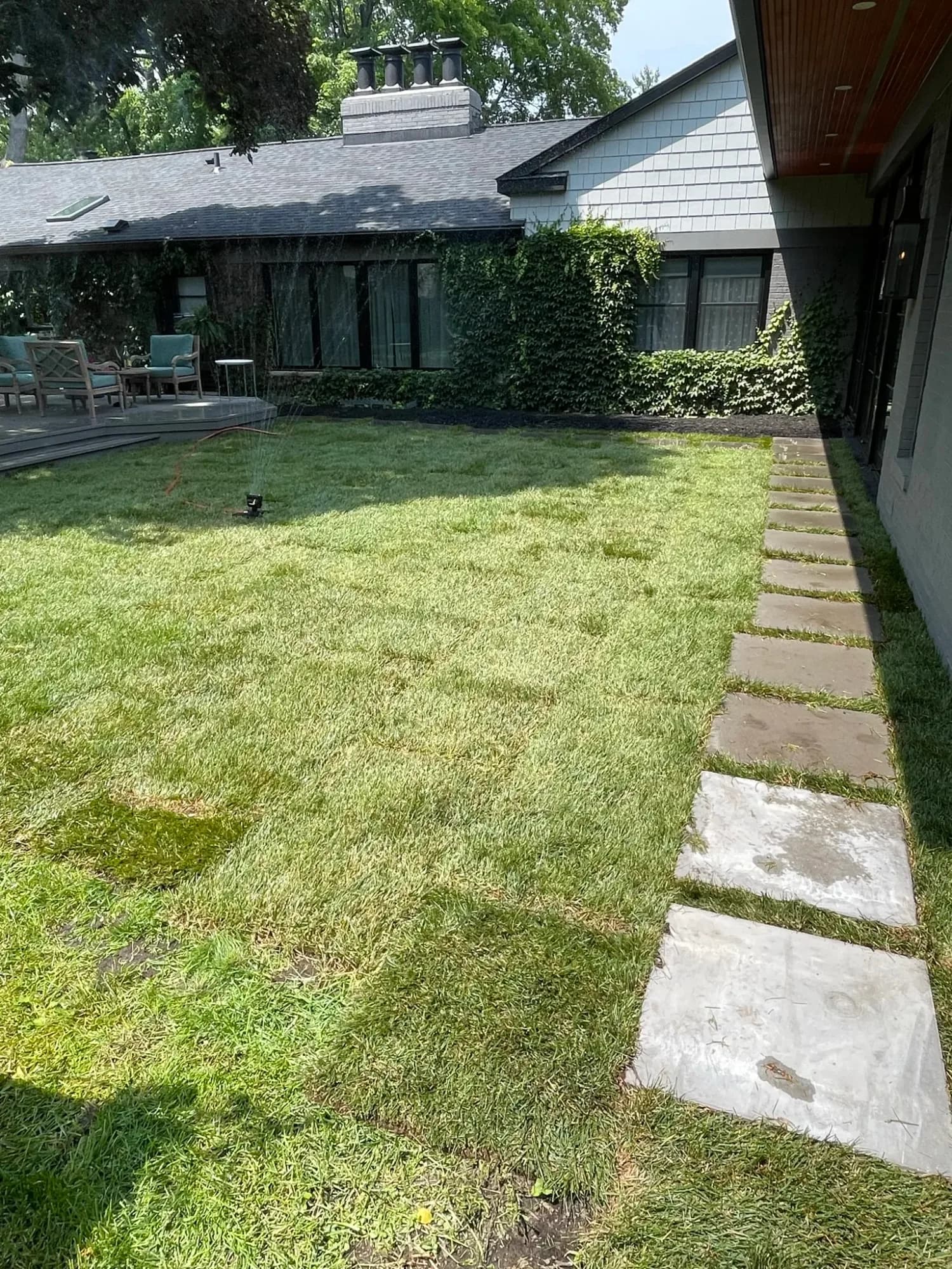 New sod lawn with a stepping-stone path beside a modern home