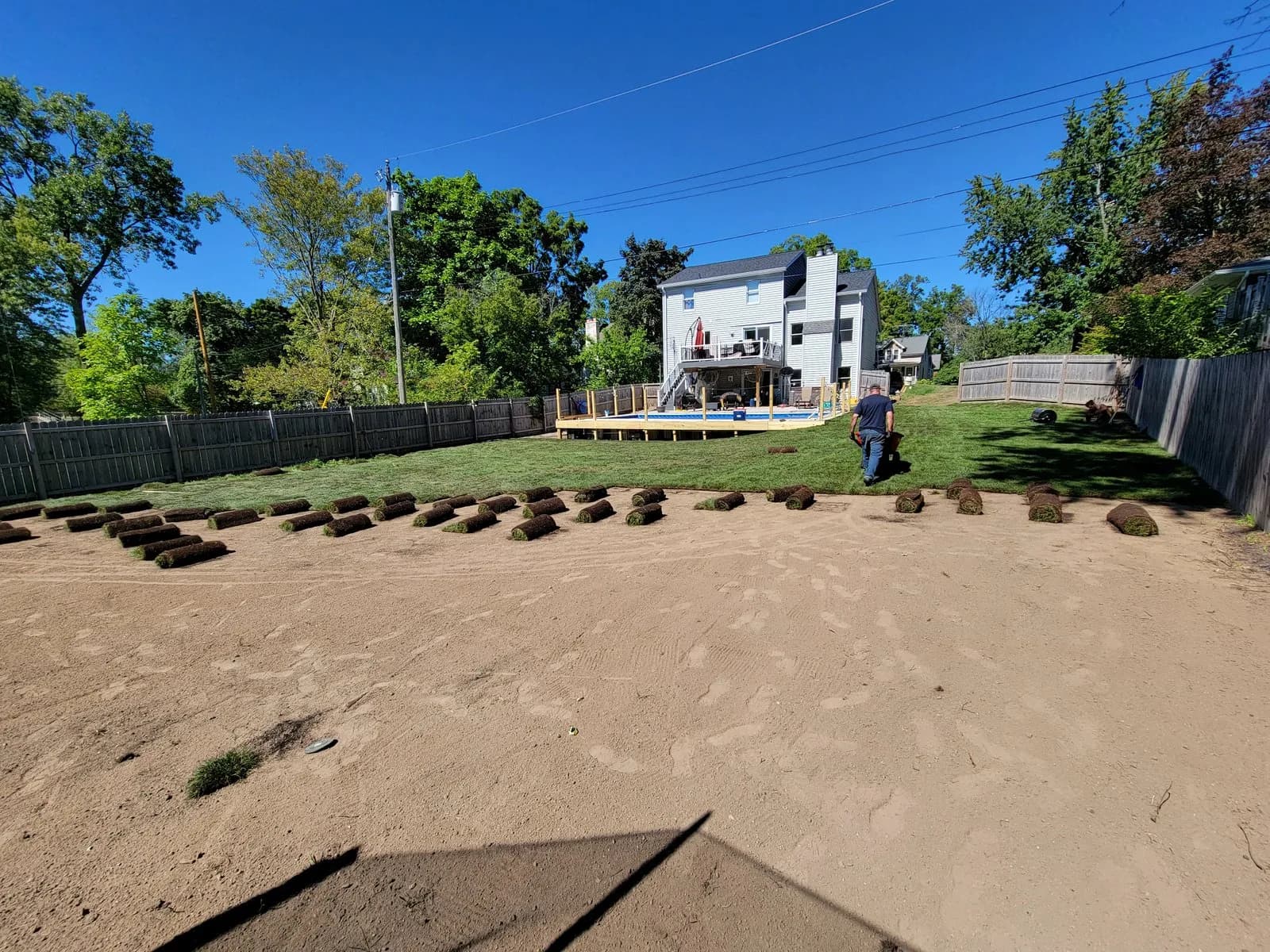 Sod rolls being laid on a freshly graded backyard