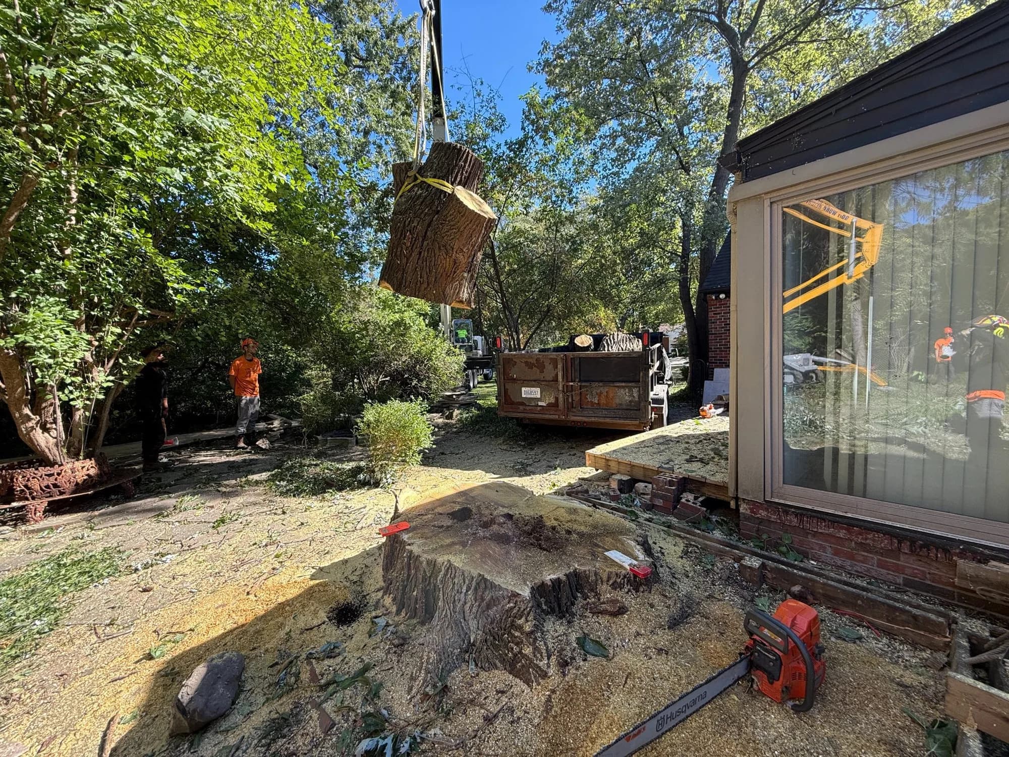 Crane lifting a trunk section over a freshly cut stump beside a house