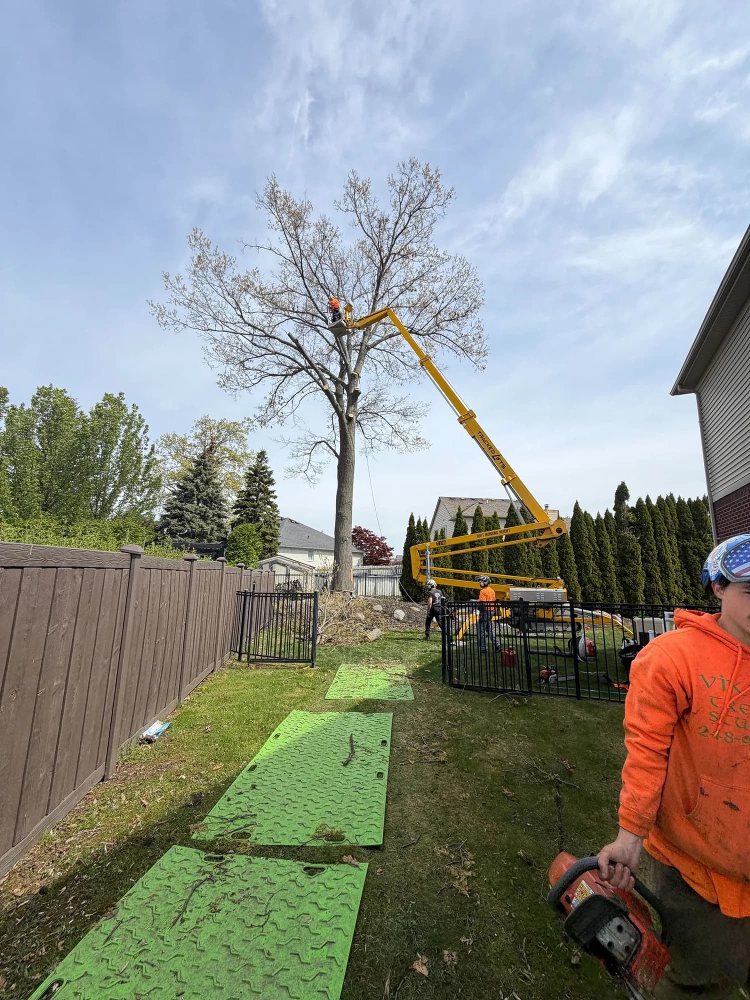 Crew member beside ground protection mats laid across a lawn, with a lift reaching a bare tree