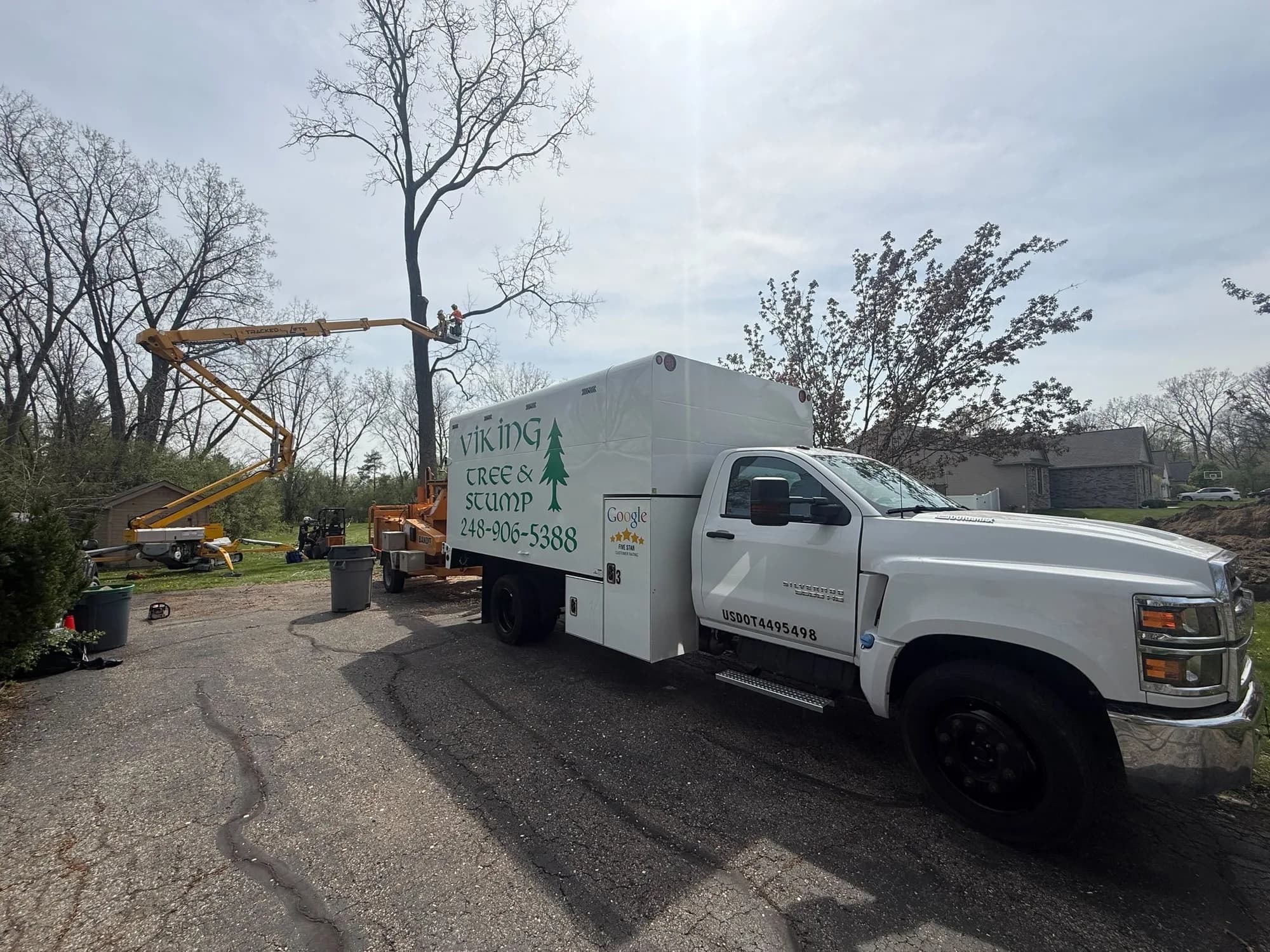 Viking Tree & Stump work truck in a driveway, with a tracked lift raised at a tree behind it