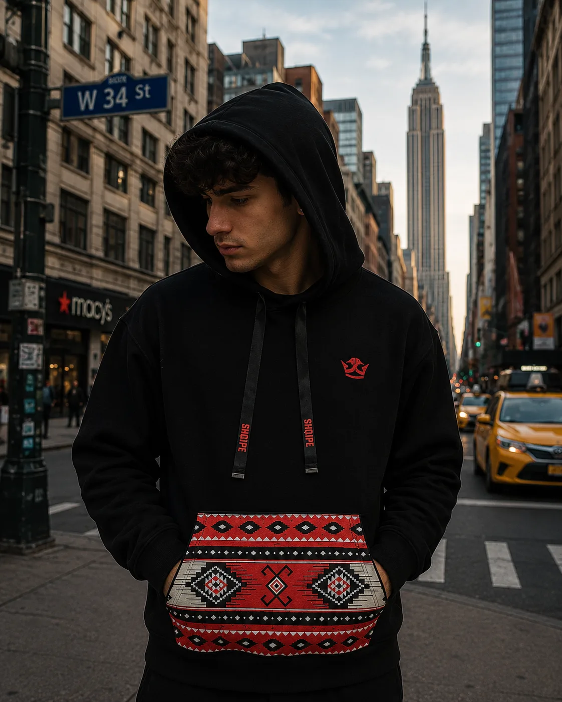 Man in a black hoodie with a traditional-pattern pocket near the Empire State Building