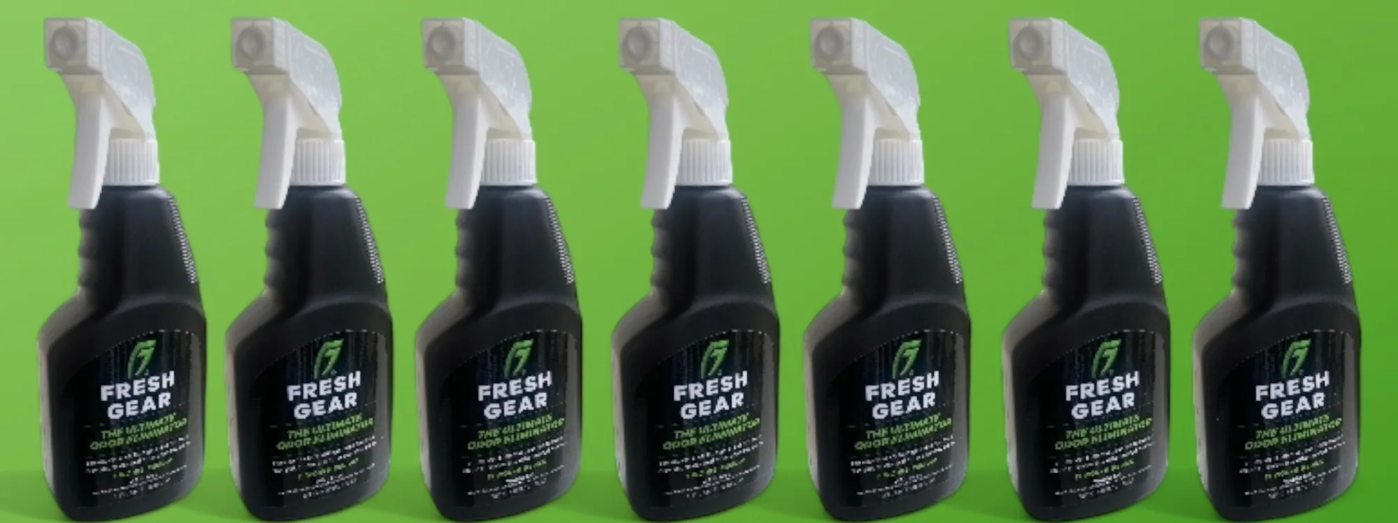 A line of Fresh Gear spray bottles against a green background