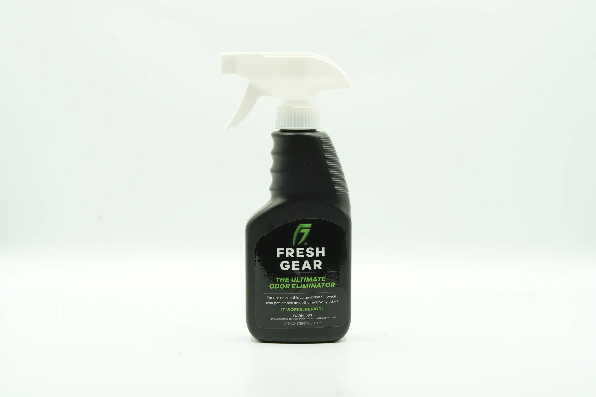 A single 8 oz. bottle of Fresh Gear odor eliminator spray on a white background
