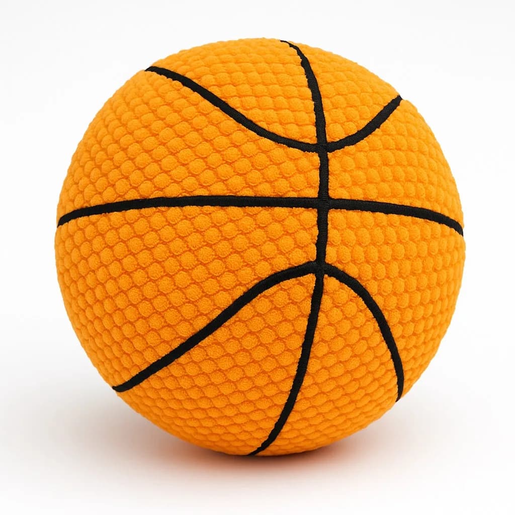 An orange plush basketball dog toy