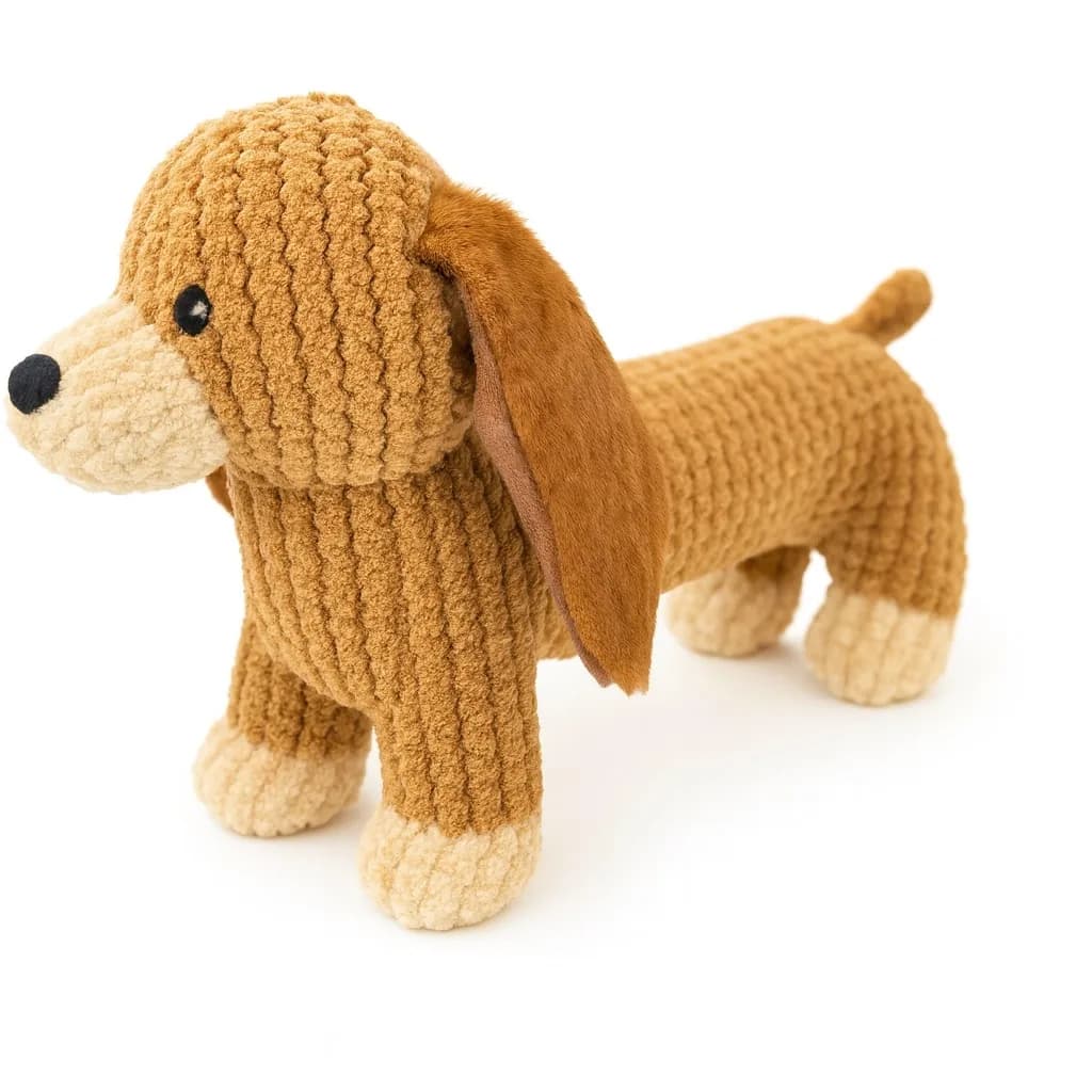A brown plush mini dachshund dog toy