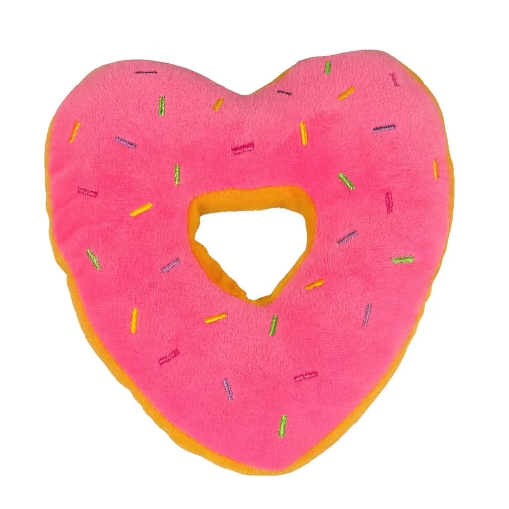 A pink heart-shaped plush donut dog toy with sprinkles
