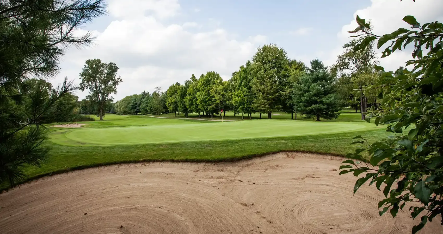 Sand bunker in front of a tree-lined fairway