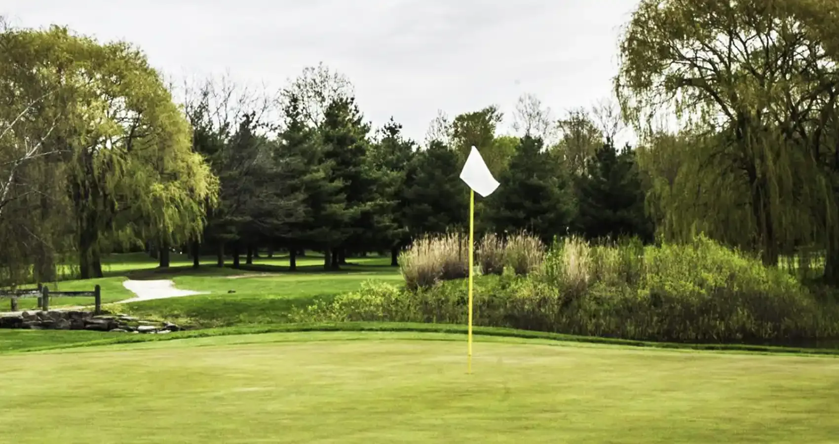 Green with a flagstick framed by trees on the Golden Hawk course