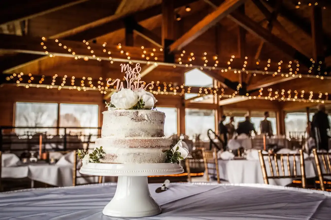 Wedding cake on a table in the banquet hall